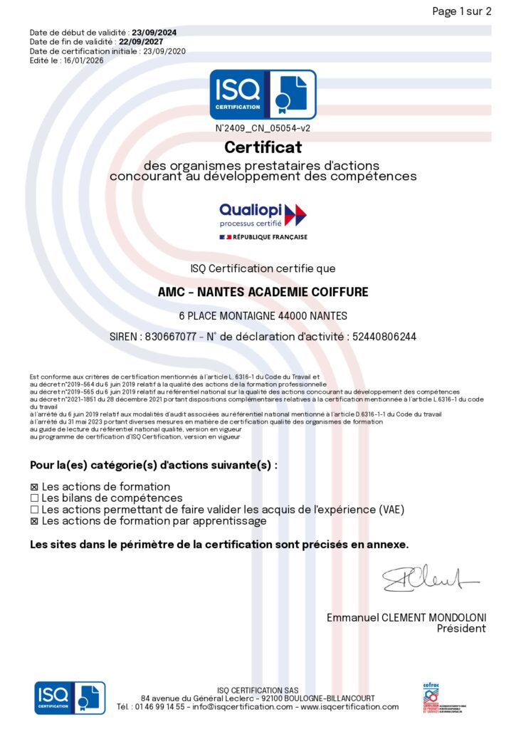 Document de certification de la Nantes Académie Coiffure